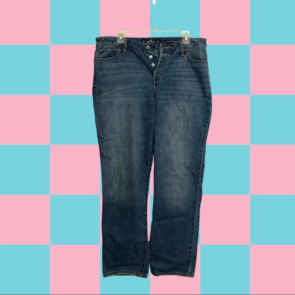 Hollister medium wash high rise vintage-style straight jeans.